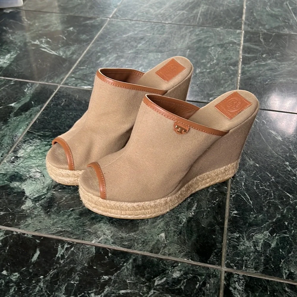 Tory Burch Tan Canvas Espadrille Wedge Mules with Brown Trim Accents